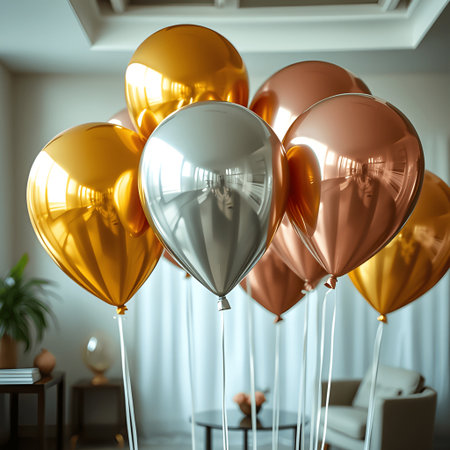 A bunch of metallic balloons in gold, silver, and rose gold colors, perfect for party decorations, celebrations, and adding a touch of elegance.の素材