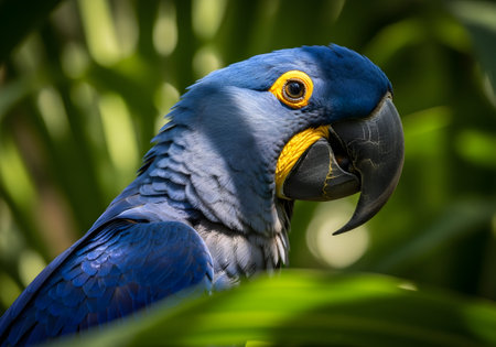 Closeup portrait of a hyacinth macaw perched among lush green foliage in its natural habitat, showcasing its vibrant blue plumage and yellow eyeの素材