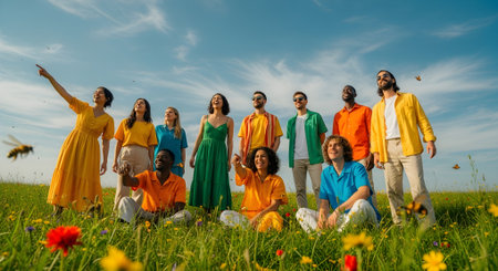 A diverse group of friends enjoys a sunny day in a flowerfilled field, celebrating friendship and the joy of summer under a bright blue skyの素材