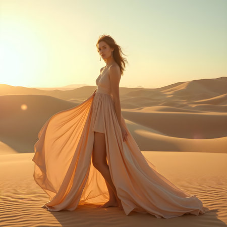 A beautiful woman in a flowing dress stands gracefully in the desert at sunset, embodying elegance and adventure in a serene landscapeの素材