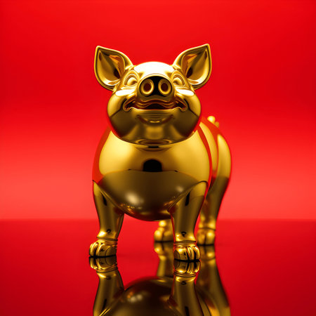 Golden pig figurine on a reflective surface against a vibrant red background, symbolizing wealth and good fortune for the chinese new yearの素材