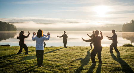 A group practices tai chi on a misty morning by the lake, embracing natures calm and promoting health, wellness, and mindfulnessの素材