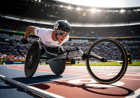 A determined paralympic athlete races in a wheelchair on the track, showcasing speed, strength, and the spirit of competition in the stadiumの素材