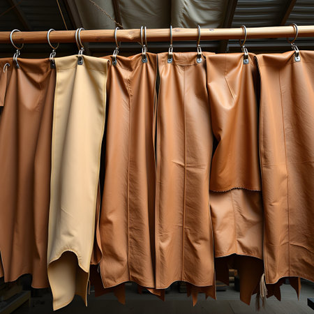 Closeup of various shades of brown leather pieces hanging on a rack, showcasing the texture and color variations of the materialの素材