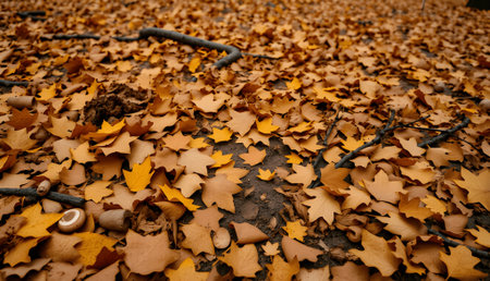 A ground covered with fallen maple leaves in autumn shows the beauty of the season, with a mix of yellow and brown colors, creating a natural carpetの素材
