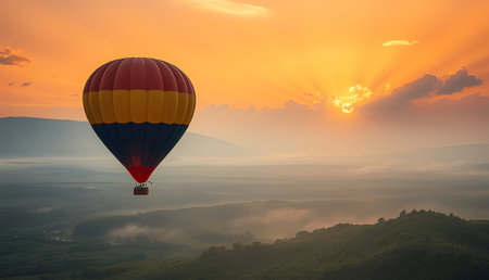 A hot air balloon soars through the sky at sunrise, casting a warm glow over the landscape, inviting a sense of adventure and tranquilityの素材
