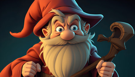 A cartoon wizard with a long white beard, wearing a red hat and robe, holding a wooden staff, with a slightly surprised expression on his faceの素材