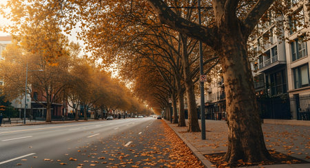 Autumn street view with golden leaves on trees and road in a city, creating a scenic urban landscape during the fall season with nobody aroundの素材