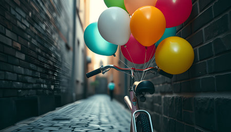 A vintage bicycle with colorful balloons stands in a narrow alleyway, creating a whimsical and joyful scene, perfect for celebrations and urban adventuresの素材