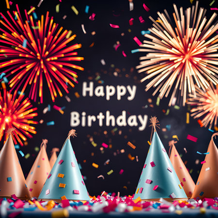 A festive birthday celebration with colorful fireworks, confetti, and party hats, creating a joyful and vibrant atmosphere for a special occasionの素材