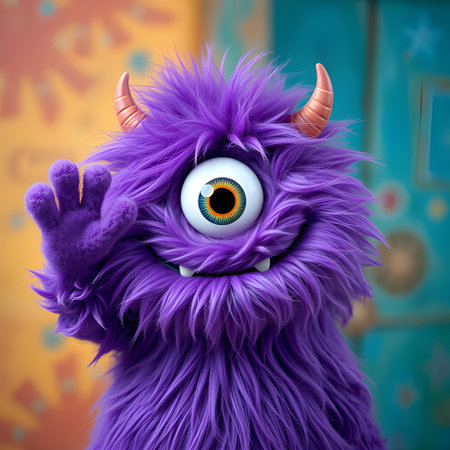 A fluffy purple monster puppet with one eye and horns waves its hand in front of a colorful background, creating a whimsical and playful sceneの素材