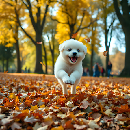 A fluffy white puppy joyfully runs through a park covered in golden autumn leaves, enjoying the crisp air and the beauty of the fall seasonの素材