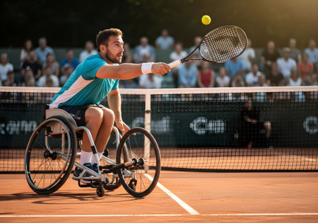 A focused male wheelchair tennis player in action, hitting the ball with determination during a competitive match on the court in front of the audienceの素材