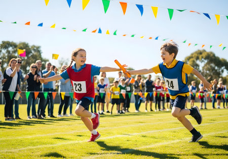 Two young children are passing the baton during a relay race at a school sports day, with spectators cheering them on and colorful flags waving in the backgroundの素材