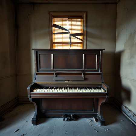 An old piano stands in a dilapidated room, light streaming through broken blinds, creating a poignant scene of forgotten melodies and architectural decayの素材