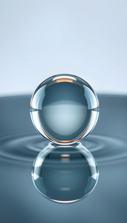 A captivating water sphere rests gracefully on a rippled surface, its reflective form mirroring the serene blue hues, creating a mesmerizing abstract compositionの素材