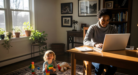 A mother works on her laptop at home while her toddler plays with blocks, creating a warm and joyful scene of balancing work and family lifeの素材