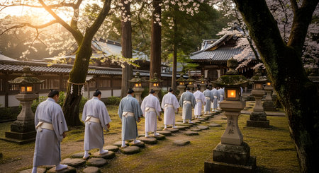 A serene procession of buddhist monks walking through a traditional japanese temple garden with stone lanterns and cherry blossom trees in kyoto, japanの素材