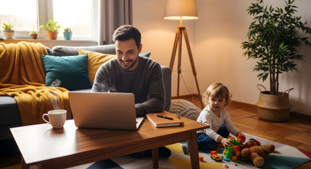 A father works on his laptop at home while his young child plays with toys on the floor, creating a warm and connected family environmentの素材