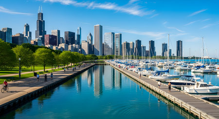 A picturesque view of the chicago skyline reflecting in lake michigan, showcasing the citys modern architecture and vibrant urban landscape on a sunny dayの素材