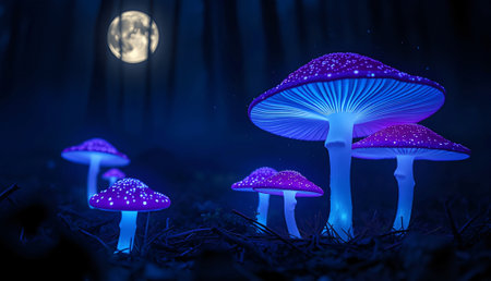 Glowing mushrooms under the moonlight in a dark fantasy forest, creating a magical and enchanting scene with a mystical atmosphereの素材