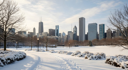 A serene winter scene captures the chicago skyline from a snowcovered park, showcasing the citys architecture under a bright sky with frostkissed treesの素材