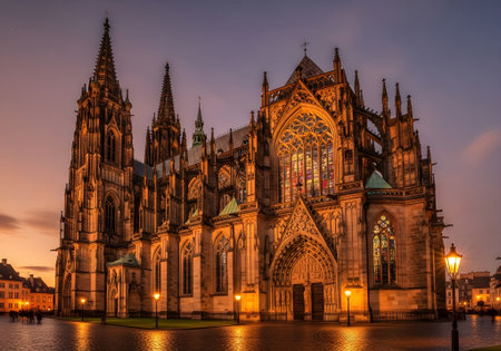 St vitus cathedral in prague at dusk, a stunning example of gothic architecture, illuminated against the twilight sky in the czech republicの素材