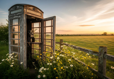 An old telephone box stands in a field of daisies at sunset, a rustic and weathered symbol of a bygone era in the english countrysideの素材