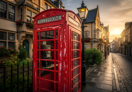 A classic red telephone booth stands on a cobblestone street in a historic european town at sunset, showcasing british architecture and charmの素材