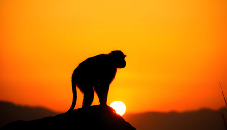Silhouette of a monkey sitting on a rock during a vibrant sunset, capturing the essence of wildlife and nature in a serene and peaceful environmentの素材