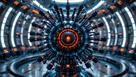 A complex futuristic machine core with glowing orange energy, surrounded by intricate metal structures in a hightech space station interiorの素材