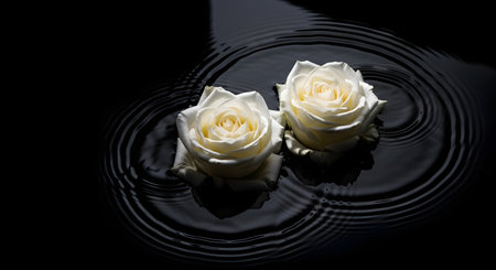 Two elegant white roses float serenely on the waters surface, creating mesmerizing ripples in a tranquil and peaceful sceneの素材