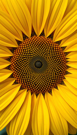 A vibrant sunflower in full bloom showcases its intricate spiral pattern and bright yellow petals, capturing the essence of summers beauty and natural growthの素材