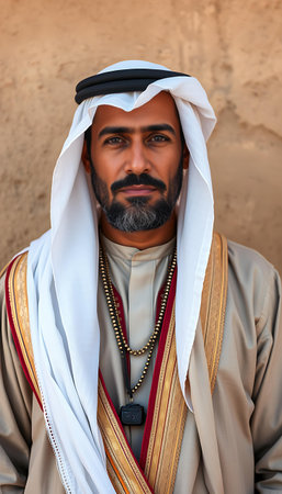 Portrait of a handsome arab man in traditional clothing, showcasing the rich culture and heritage of the middle east with a serene expressionの素材