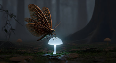 A mystical glowing mushroom illuminates a delicate butterfly with intricate wings in a dark, enchanted forest setting, creating a magical and ethereal atmosphereの素材