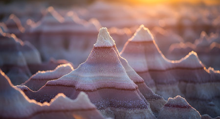 Closeup of striped badlands formations at sunrise, highlighting the layered geological textures and warm golden lightの素材