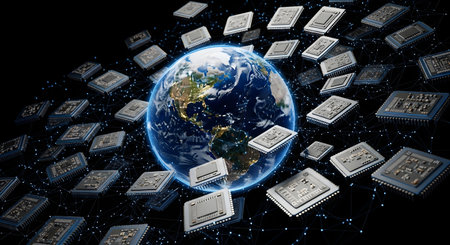 Digital transformation and global connectivity illustrated by earth surrounded by computer processors, symbolizing technology and data flow across the planetの素材