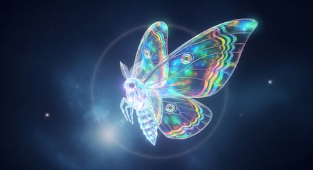 A luminous, iridescent butterfly made of light and energy, with intricate patterns on its wings, floats gracefully in a dark, starry cosmos, surrounded by a soft glowの素材