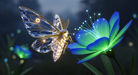 A luminous, ethereal butterfly with intricate, glowing wings hovers near a vibrant, bioluminescent flower in a mystical, dark forest setting, creating a magical and enchanting sceneの素材