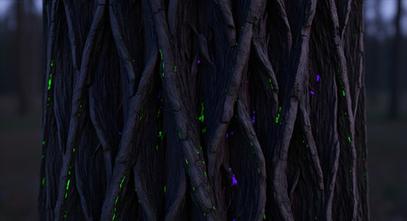Closeup of a tree trunk at night, with glowing green and purple bioluminescent fungi or insects on its rough, dark bark, creating a magical and mysterious forest atmosphereの素材