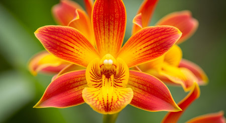 Closeup of a vibrant orange and yellow orchid flower with delicate petals and intricate patterns, showcasing its natural beauty in full bloomの素材