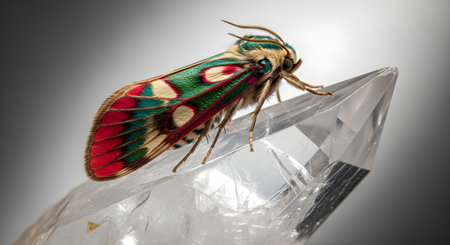 A vibrant, colorful moth with intricate patterns on its wings rests delicately on a sharp, clear quartz crystal, showcasing natures exquisite artistry and the beauty of insect lifeの素材
