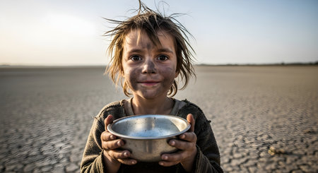 a heartbreaking image of a child in a drought-stricken area holding a bowl, symbolizing the urgent need for water and help in the face of poverty.の素材