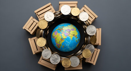 Global finance and trade concept with earth globe surrounded by coins and wooden crates representing international business and economyの素材