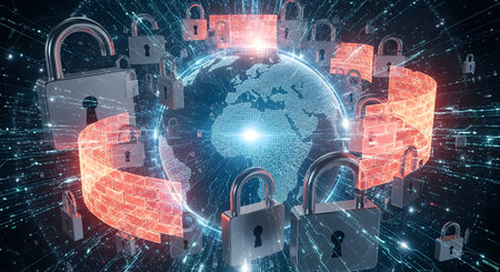 A digital representation of global cybersecurity with padlocks and a firewall protecting data and networks worldwide. Protection and safetyの素材