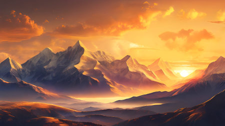 A stunning mountain range at sunset, with golden light painting the sky and peaks. A scenic view perfect for travel inspiration.の素材