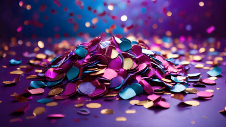 A vibrant pile of confetti against a blurred backdrop, perfect for celebrations, parties, and festive designs. Add a touch of sparkle!の素材