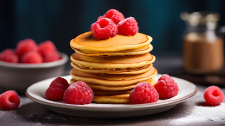 A stack of delicious pancakes topped with fresh raspberries, perfect for a sweet breakfast or brunch. A tasty and healthy treat.の素材
