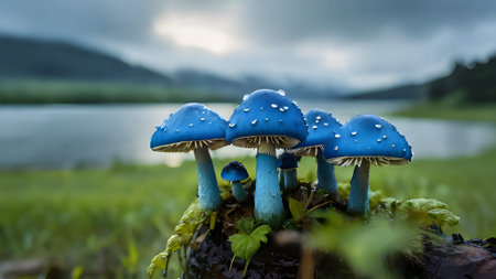 A captivating blue mushroom cluster by a serene lake, perfect for nature lovers seeking a unique and scenic desktop wallpaper or background.の素材