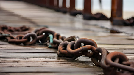 A rusty metal chain lies on a weathered wooden pier, its links showing age and texture, creating a vintage and industrial aesthetic.の素材